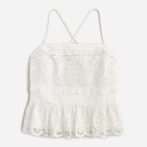 J. Crew XS Eyelet Top White Cross Back Smocked Waist Peplum Crocheted Ruffle NWT